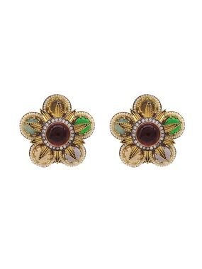 Gold Floral Statement Earrings with Green and Brown Accents